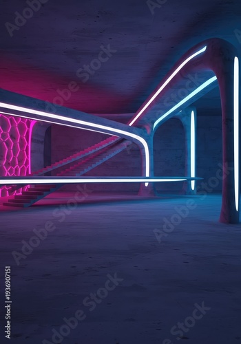 Futuristic interior space composed of smooth curves and sharp angles, emphasizing minimalism, symmetry, and a contemporary aesthetic ,corporate ,space ,style