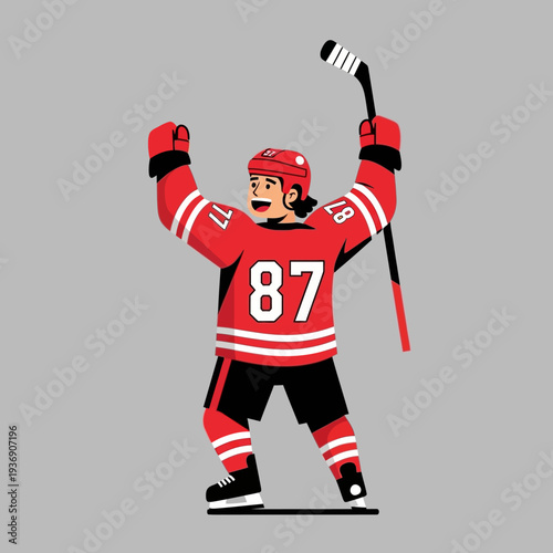 Happy hockey player celebrating victory with raised arms and stick, wearing red uniform