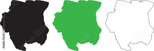 Suriname Map Silhouette Collection: Black Solid, Green Vector, and Minimalist Outline Icons of Suriname Republic Geography for Design and Education