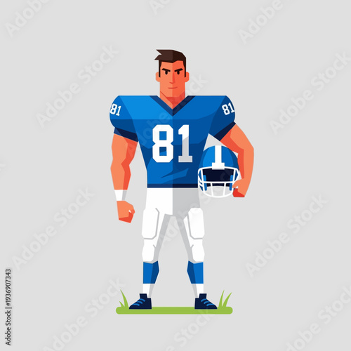 American Football Player in Blue Uniform Holding Helmet - Vector Illustration