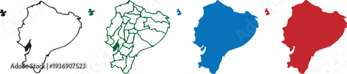 Ecuador Map Vector Set: Detailed Silhouette, Provincial Borders, and Solid Color Contours with Galapagos Islands – Isolated Graphic Elements for Infographics and Design