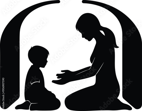 Vector mother and child under protective arch loving care silhouette design