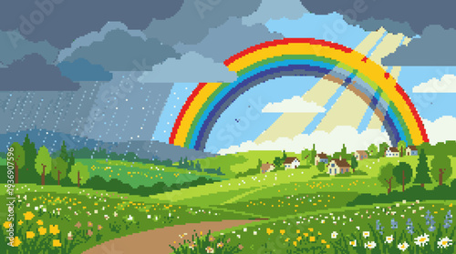 A Pixelated Landscape: Rainbow, Rain, and Sunshine Over a Serene Village