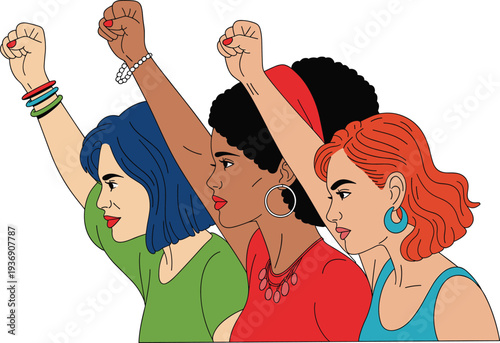 Diverse women group raising fists for empowerment and protest, female activism vector illustration