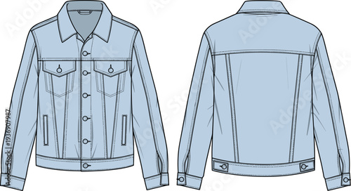 Men denim jacket vector template, classic blue jean jacket front and back view fashion illustration