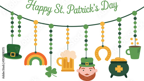 Happy St. Patricks Day hanging decoration set with leprechaun, rainbow, and shamrock icons vector illustration
