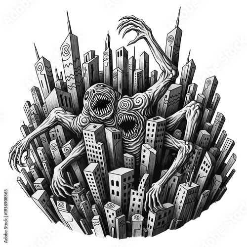 Monstrous creature emerging from a surreal, distorted cityscape, urban horror concept
