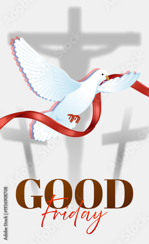 Good Friday Christian Illustration with White Dove, Red Ribbon, and Three Cross Silhouettes