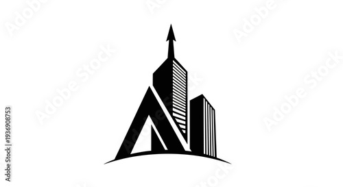 Modern Skyscraper Logo with Arrow Symbolizing Growth and Success