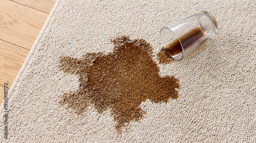 Coffee spill stain on carpet from overturned glass cup