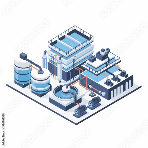 Isometric industrial water treatment plant illustration.