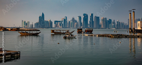 Doha, Qatar’s skyline of sky scrapers and harbor
