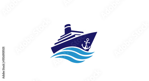 Blue Ship and Waves Logo with Anchor Symbol on an Isolated White Background