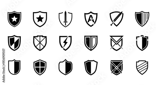Collection of Black Security Shield Icons in a Bright Studio Background
