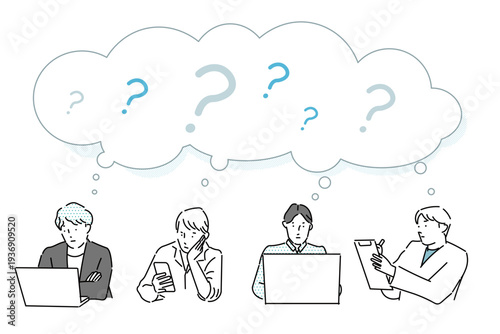 ビジネスパーソンー複数ー疑問ー上半身ー男性ー困ったー質問ーアイコンーシンプルベクターイラスト素材