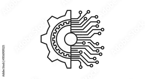 Outline of a Gear with Circuit Board Elements Symbol on an Isolated White Background