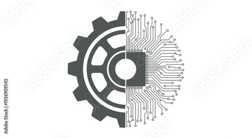 Abstract Gear with Circuit Board Elements Integrated on an Isolated White Background