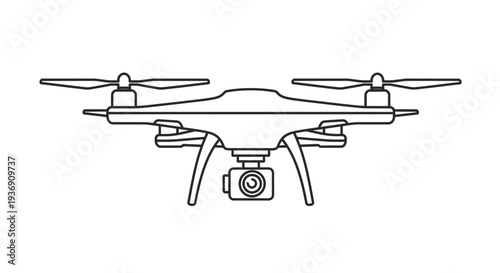 Outline Drone with Camera Icon for Aerial Photography on Isolated White Background