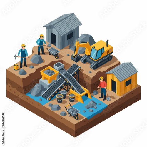 Isometric Mining Operation With Excavators And Conveyor Belts.