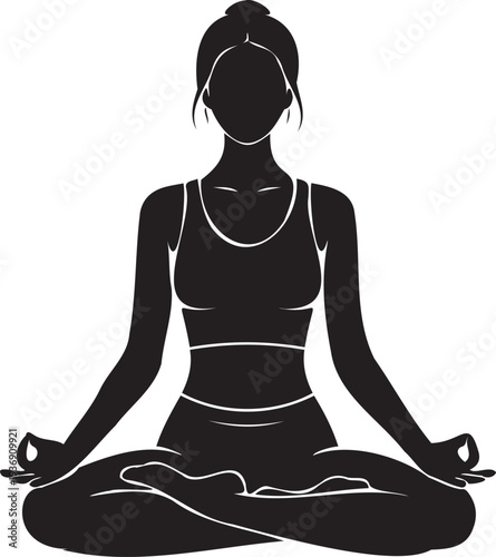 Woman meditating in lotus pose silhouette illustration with transparent background