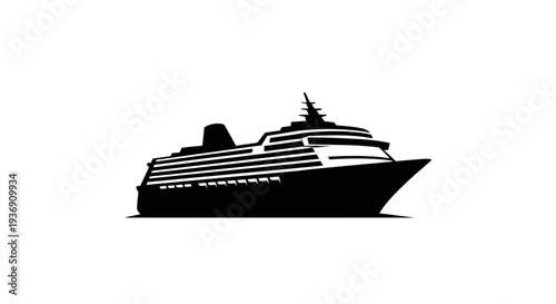 Black Silhouette of a Cruise Ship, Isolated White Background