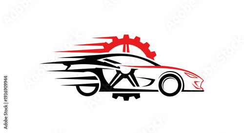 Dynamic Racing Car with Speed Lines and Gear, Isolated White Background