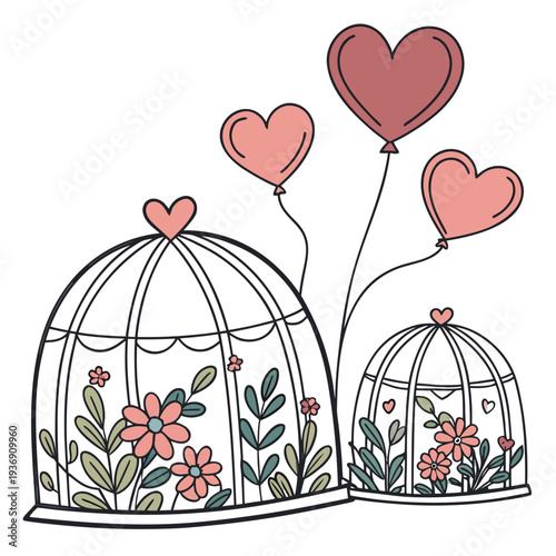 Heart shaped balloons tied to birdcages with flowers