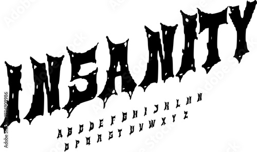 Insanity Horror Dripping Font – Creepy Gothic Alphabet with Sharp Spikes and Melted Edges for Halloween Posters, Horror Movie Titles, Metal Band, Dark Gaming Graphics, and Spooky Typography Designs