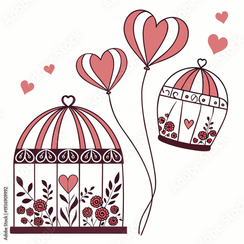 Red and white birdcages with heart balloons
