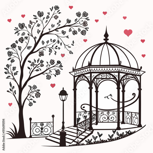 Black and white gazebo with heart decorations and tree