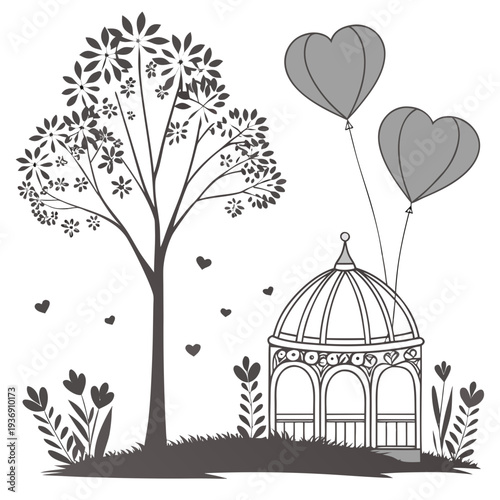 Heart shaped balloons floating above ornate gazebo and tree