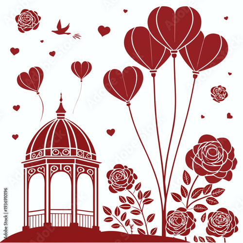 Red and white of a gazebo with roses and heart shaped balloons
