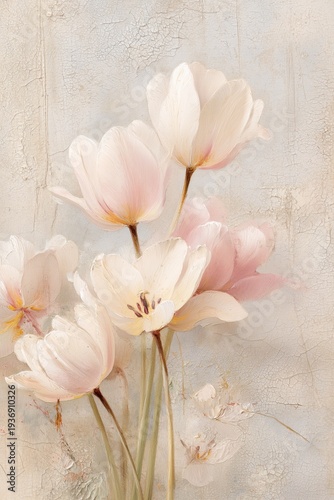 Soft Pastel Tulips Oil Painting on Textured Canvas