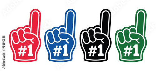 Fan foam hands number one set, of sports fan finger gloves with #1 sign, colorful supporter icons in red blue green and black for game cheering, winner champion celebration concept