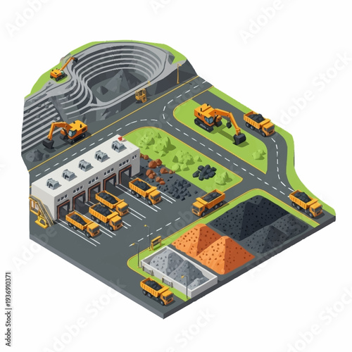 Isometric Mining Operation with Excavators and Trucks.
