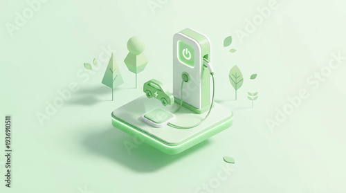 Electric vehicle charging station with modern car, eco-friendly transportation concept illustration