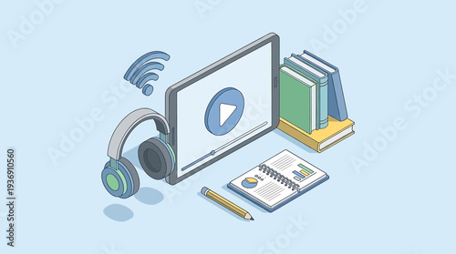 Engaging digital learning experience concept featuring tablet, headphones, books, and study essentials for modern online education