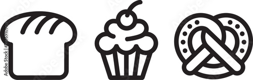 Bakery treats icon set with loaf of bread, cupcake, and pretzel, perfect for cafes