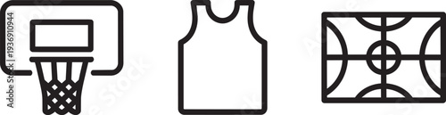 Basketball equipment set with hoop backboard sports jersey and court diagram icons line design