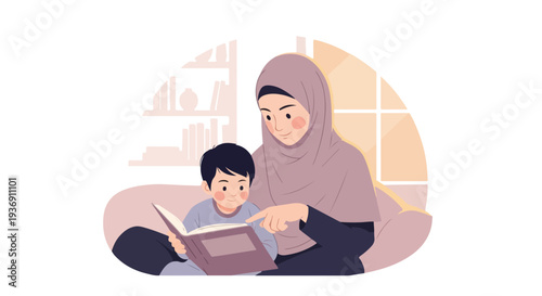 Happy Muslim mother wearing a hijab teaching her young son to read a book, promoting early childhood education, literacy, and family bonding at home.