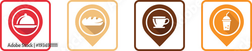 Food, Bread, Coffee and Juice icons set vector illustration. Food, Bread, Coffee and Juice with location signs and symbols.
