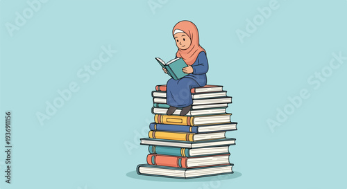 Young Muslim girl wearing a hijab, deeply engrossed in reading a book while perched atop a towering pile of literature, representing wisdom and learning.