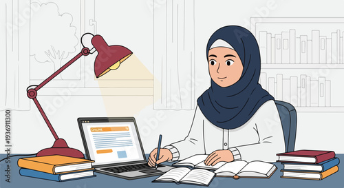 Young Muslim woman in hijab studying diligently at a desk with a laptop, books, and lamp, representing education and learning.