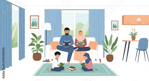 Muslim family reading books together in a cozy living room, promoting education and togetherness