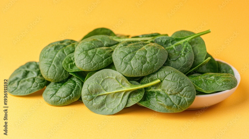 Fototapeta premium Fresh spinach leaves in a white bowl on yellow (1)