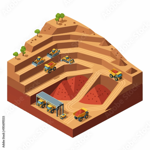 Isometric Open Pit Mine With Heavy Machinery and Excavated Ore.