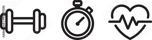 Gym equipment and health tracking vector icons dumbbell stopwatch and heart pulse line art