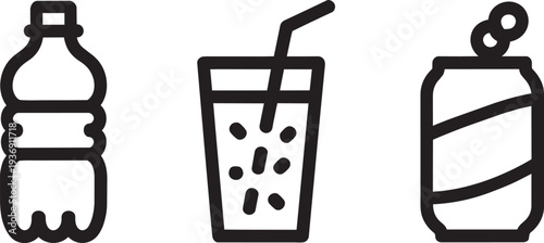 Set of icons representing different drinks and food items, including bottles, glass, and can