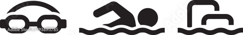 Swimming gear collection featuring goggles swimmer silhouette and ladder in water line icons