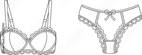 Technical fashion illustration of lingerie set featuring bra with lace trim, underwire cups, adjustable straps, and panties with bow detail, showcasing garment 